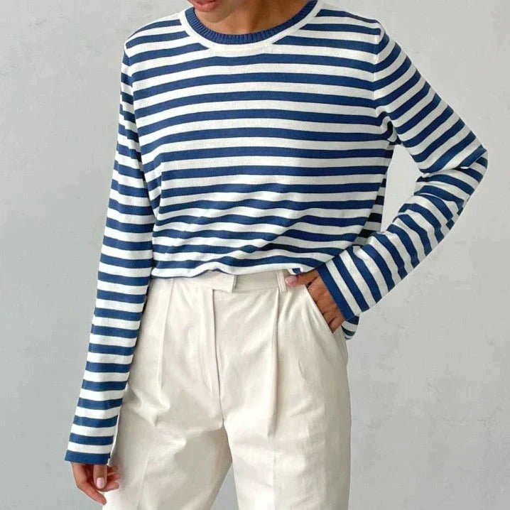 Women's navy blue striped cotton sweater - close-up view