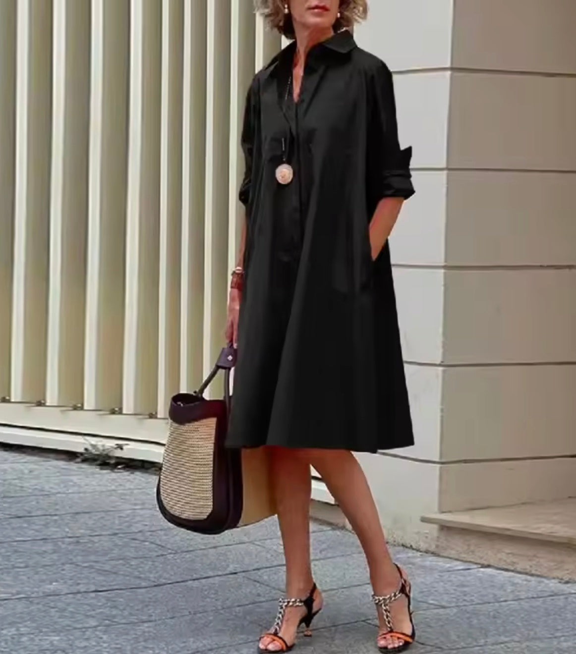 Women's Classic Midi Shirt Dress | Casual Long Sleeve Button-Down Dress