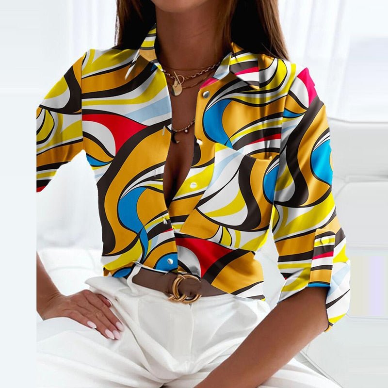 Women's Graphic Print V-Neck Button-Down Long Sleeve Relaxed Blouse