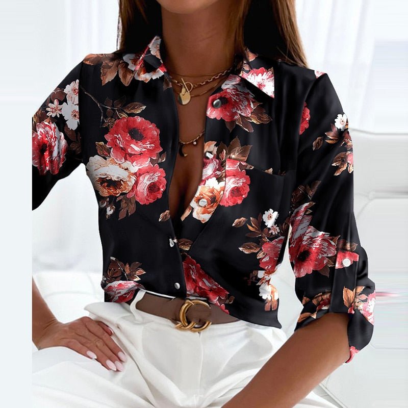 Women's Graphic Print V-Neck Button-Down Long Sleeve Relaxed Blouse