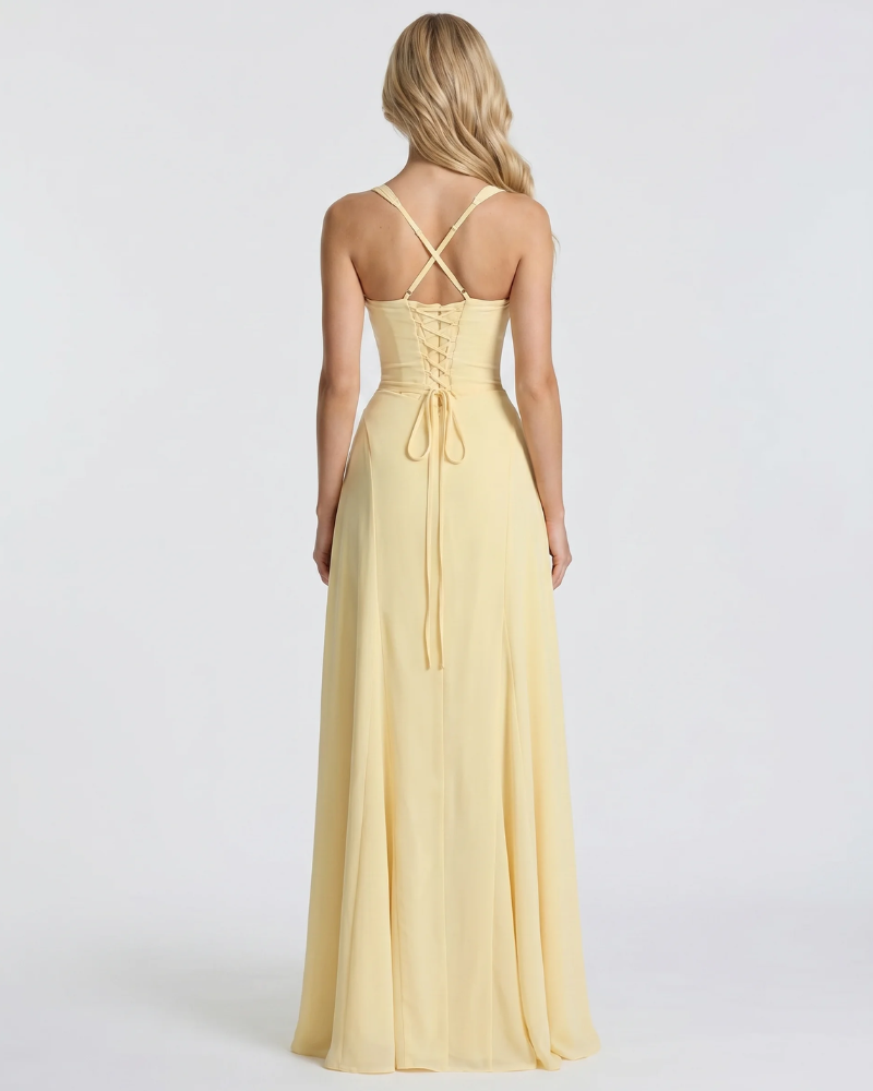 Women's Corset Bodice Maxi Dress | Yellow Sleeveless Formal Evening Dress