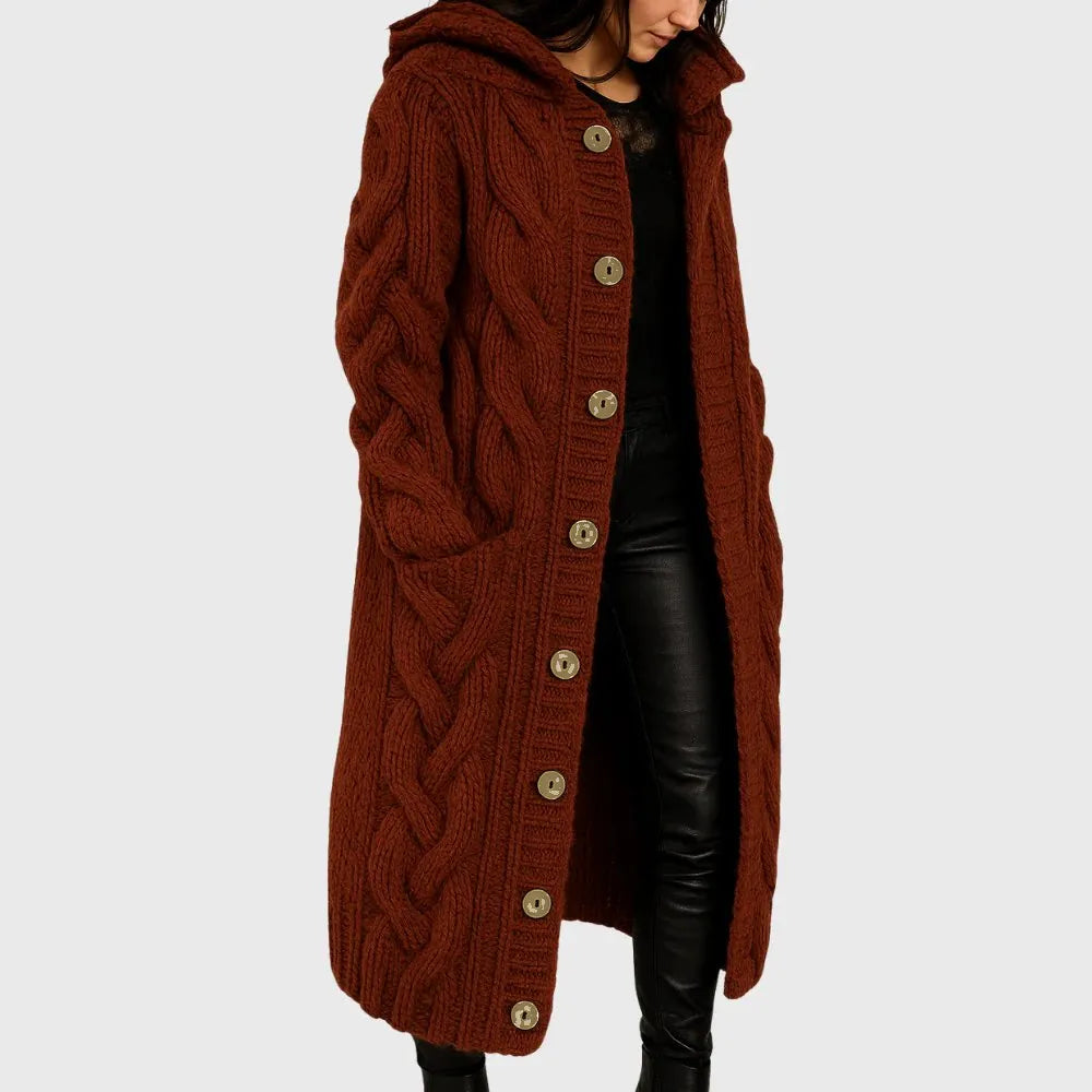 womens cozy long coat | elegant warm everyday overcoat - close-up view