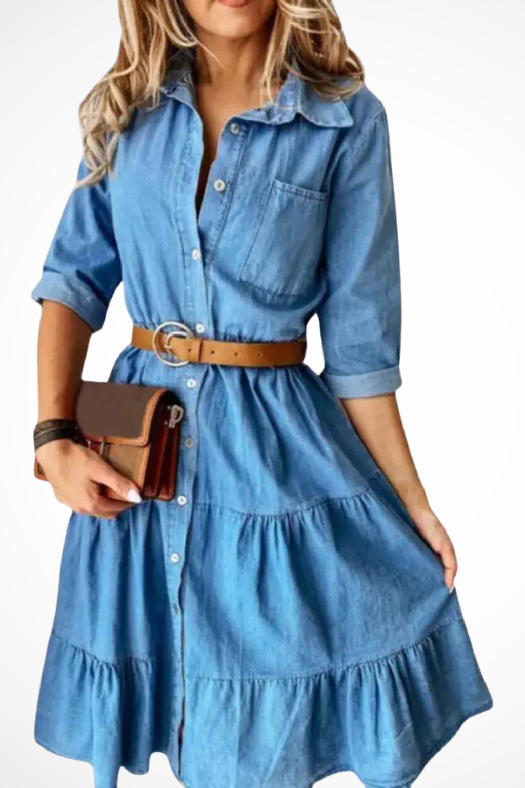 Women's Denim Button-Down Collared 3/4 Sleeve Belted Tiered Midi Dress