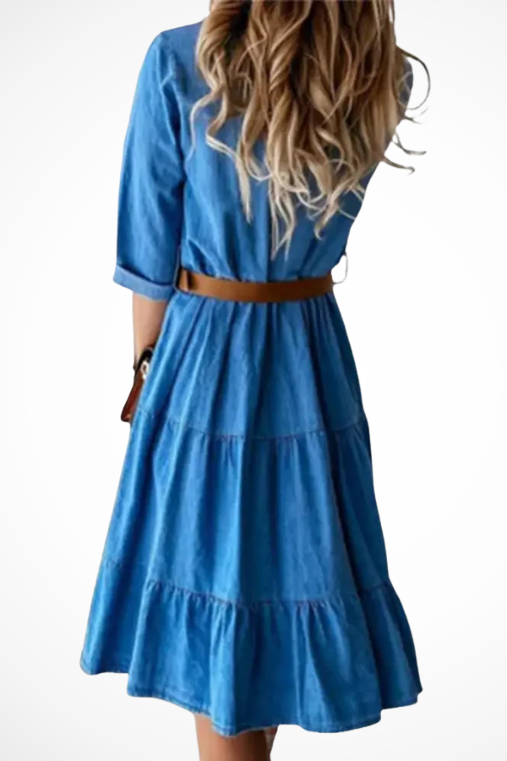 Women's Denim Button-Down Collared 3/4 Sleeve Belted Tiered Midi Dress