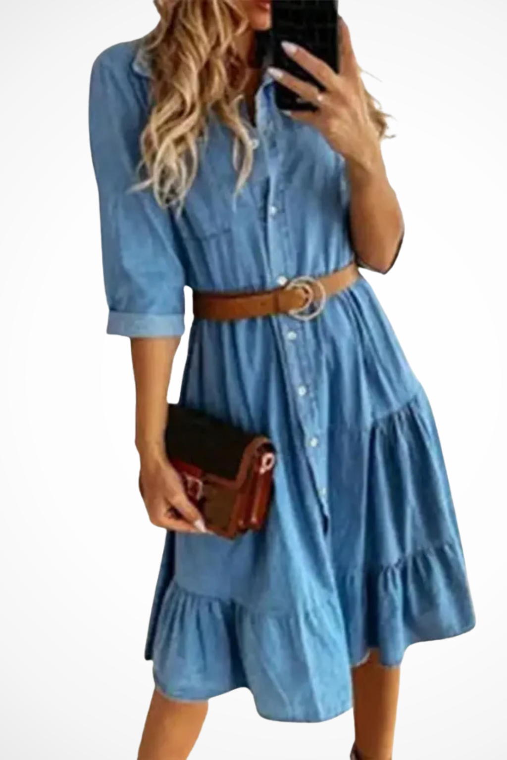 Women's Denim Button-Down Collared 3/4 Sleeve Belted Tiered Midi Dress