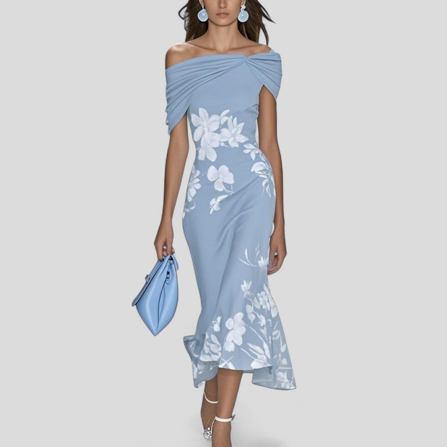 Women's Floral Print Off Shoulder Draped Mermaid Midi Dress Cocktail Party