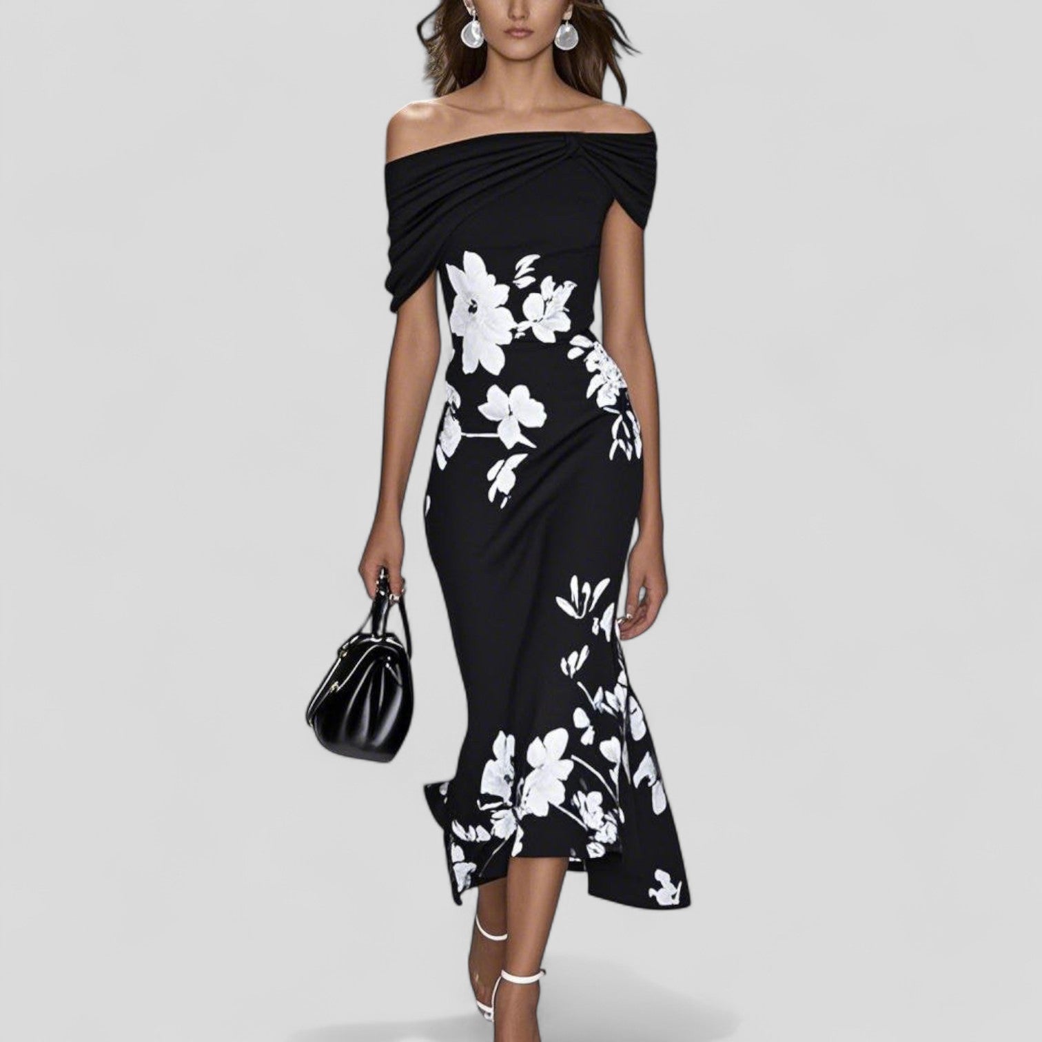 Women's Floral Print Off Shoulder Draped Mermaid Midi Dress Cocktail Party