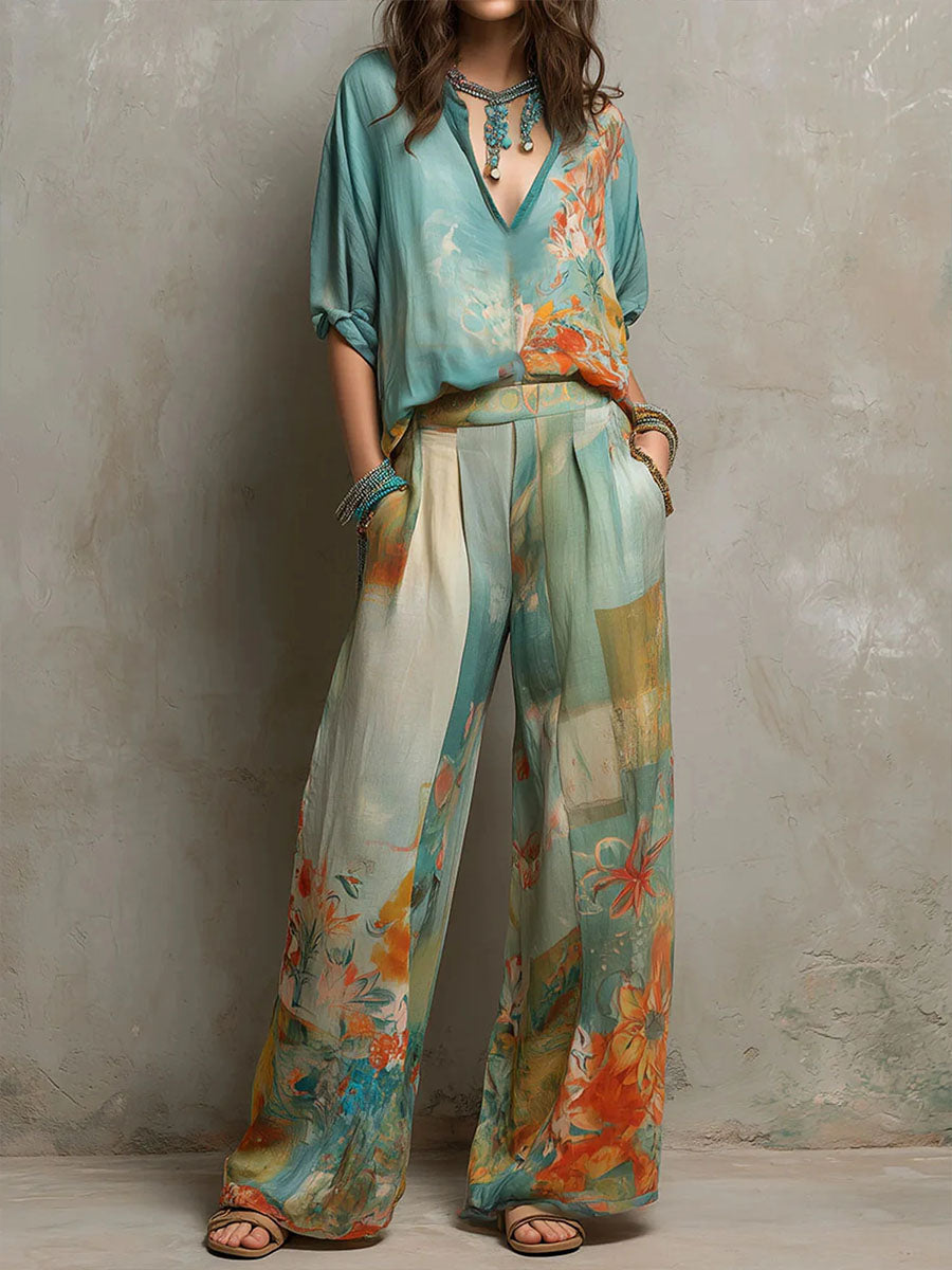 Women's V-neck floral print blouse and wide-leg pants set - front view