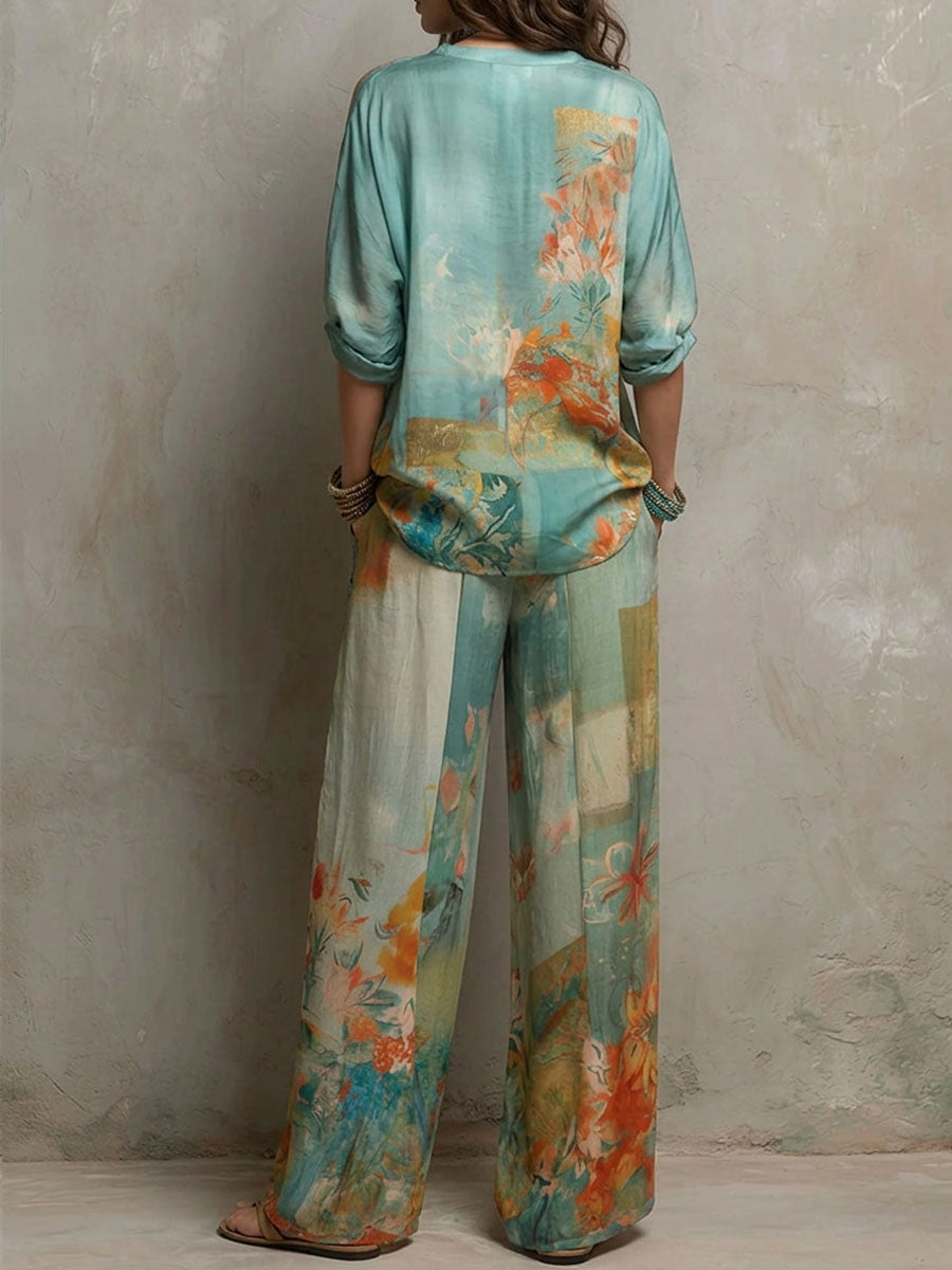 Women's V-neck floral print blouse and wide-leg pants set - side view
