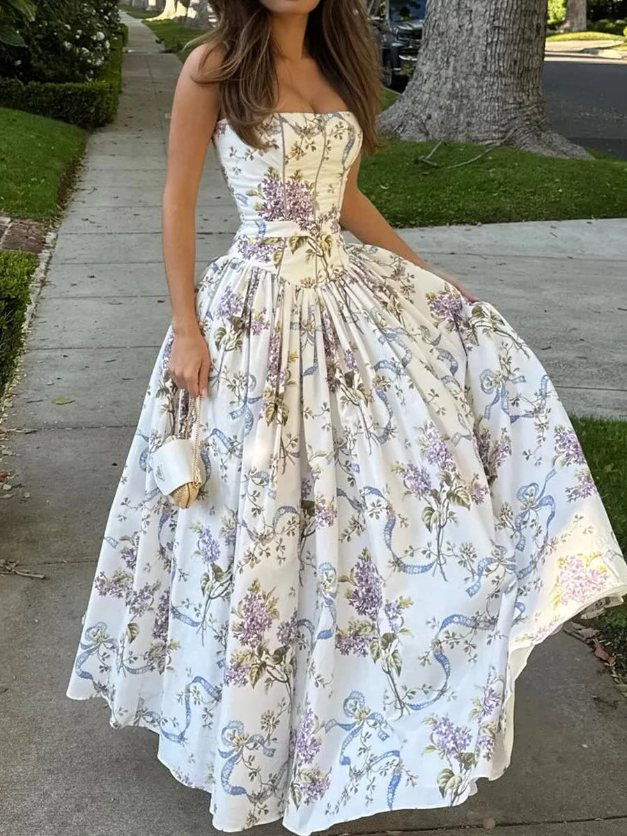 Women's Floral Corset Midi Dress | Fitted Strapless Occasion Dress