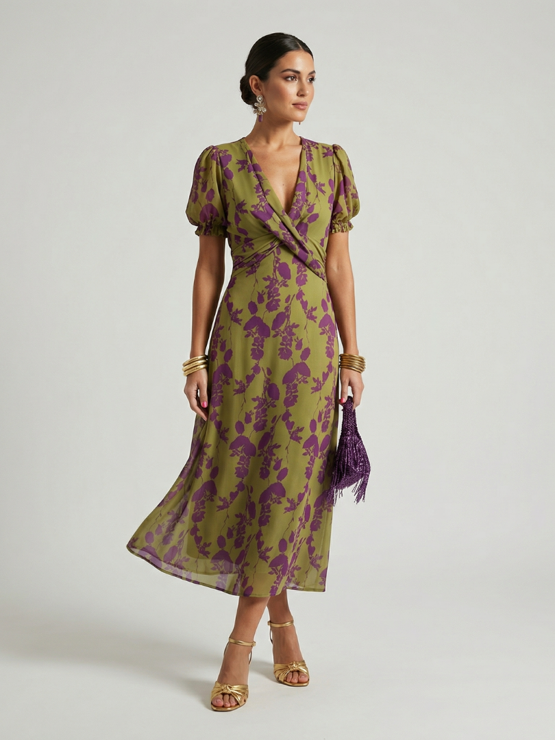 Women's short sleeve wrap V-neck floral midi dress - front view
