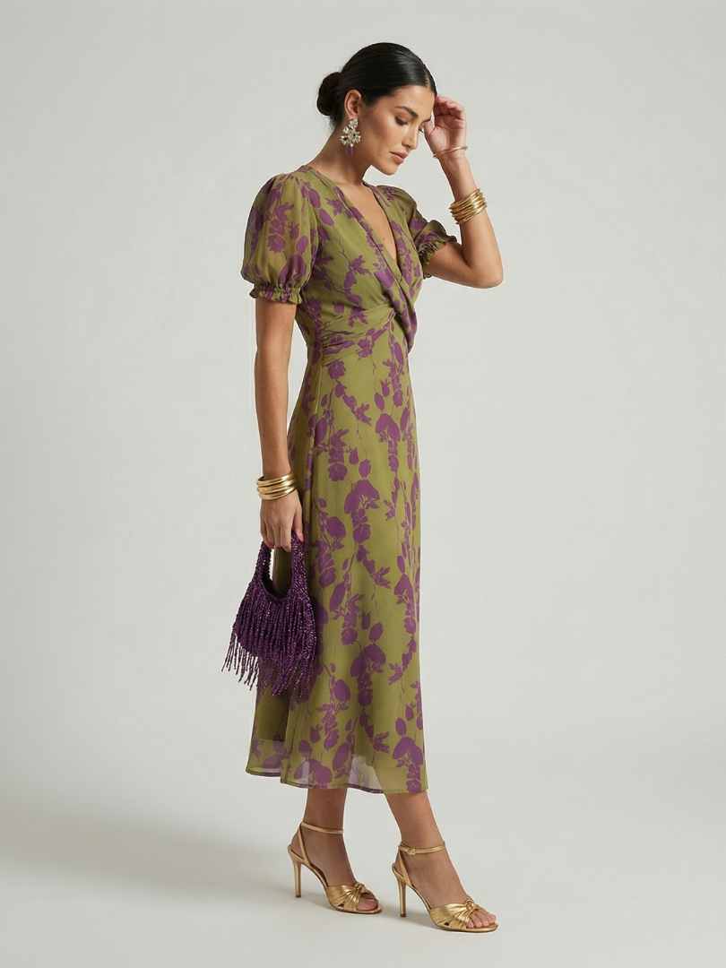 Women's short sleeve wrap V-neck floral midi dress - side view