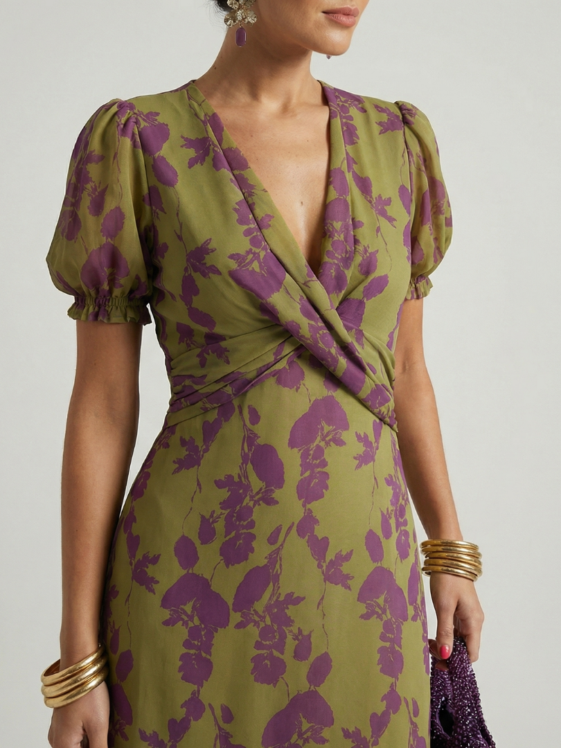 Women's short sleeve wrap V-neck floral midi dress - back view