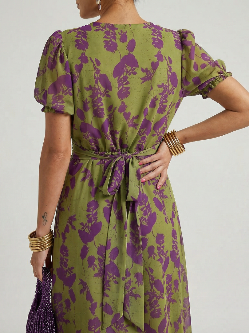 Women's short sleeve wrap V-neck floral midi dress - detail view