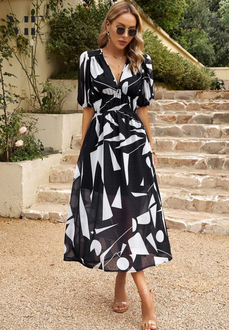 Women's Floral Midi Dress with Puff Sleeves | Garden Party Occasion Dress