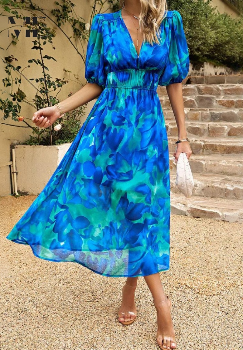 Women's Floral Midi Dress with Puff Sleeves | Garden Party Occasion Dress