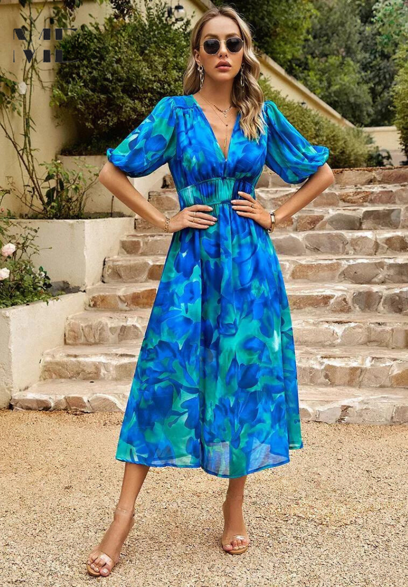 Women's Floral Midi Dress with Puff Sleeves | Garden Party Occasion Dress