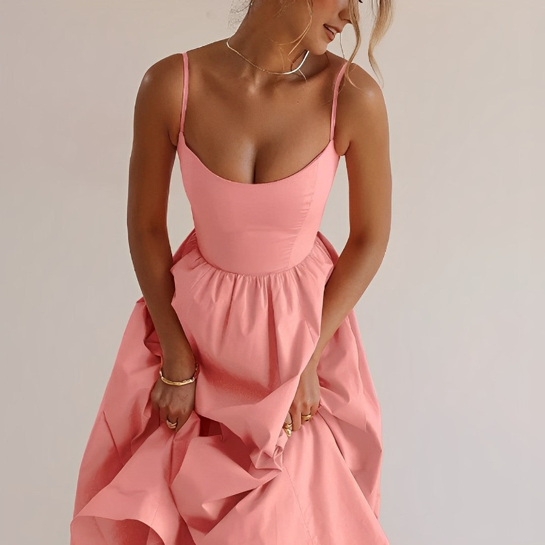 Women's Spaghetti Strap Scoop Neck Fitted Bodice Full A-Line Midi Dress Summer