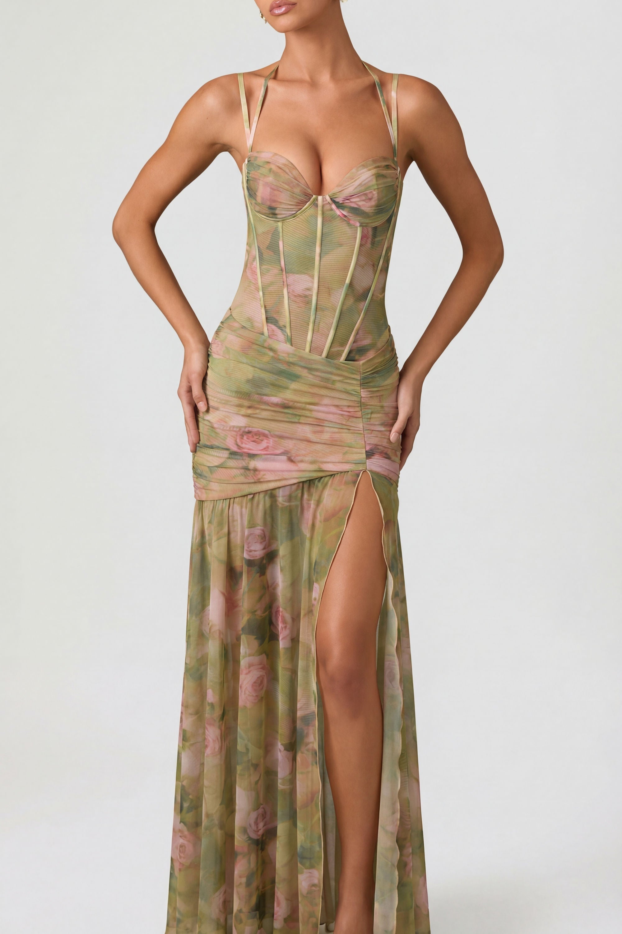 Women's Floral Print V-Neck Maxi Dress | Sleeveless Occasion Gown