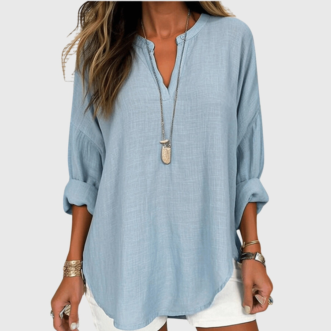 Women's V-Neck Zip Detail Long Sleeve Oversized Casual Blouse