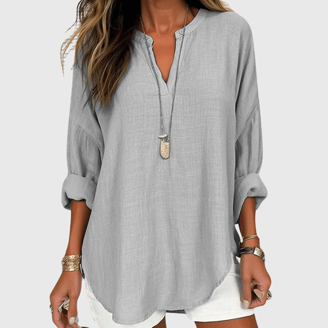 Women's V-Neck Zip Detail Long Sleeve Oversized Casual Blouse