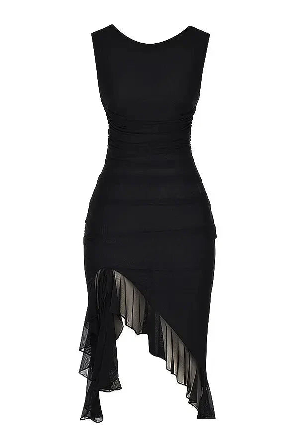 Women's High Neck Open Back Stretch Mesh Midi Dress | Ruffle Hem Party Dress