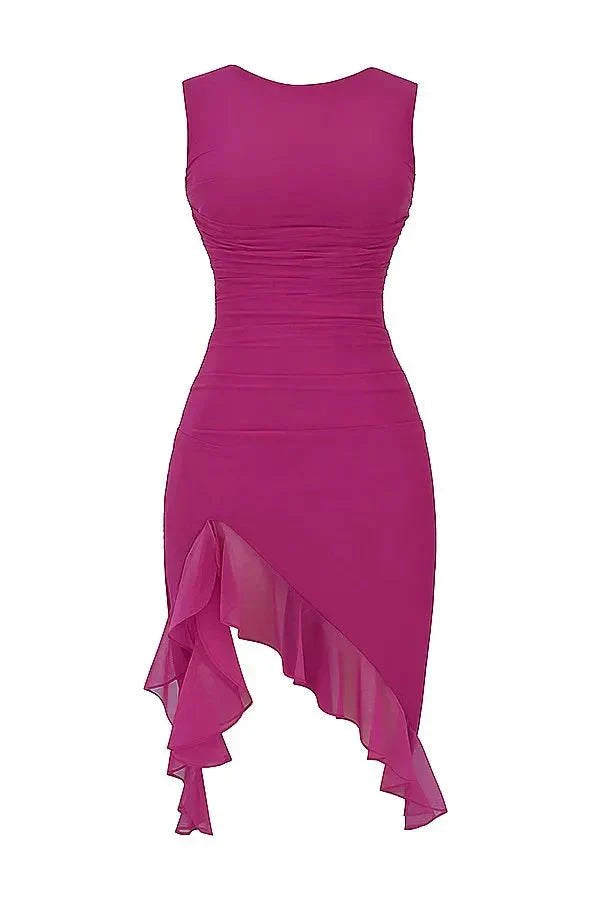 Women's High Neck Open Back Stretch Mesh Midi Dress | Ruffle Hem Party Dress