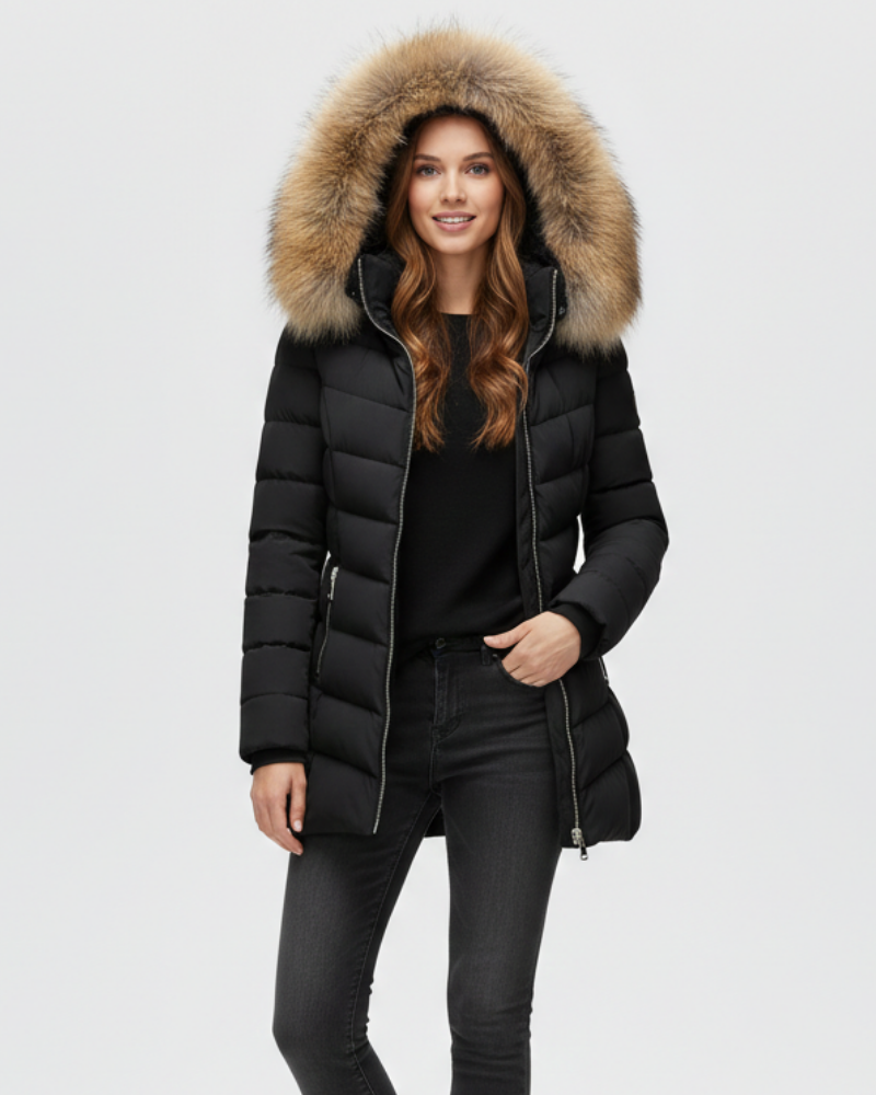 Women's Hooded Puffer Jacket | Chevron Quilted Faux Fur Collar - photo 2