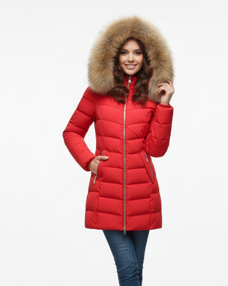 Women's Hooded Puffer Jacket | Chevron Quilted Faux Fur Collar - photo 3