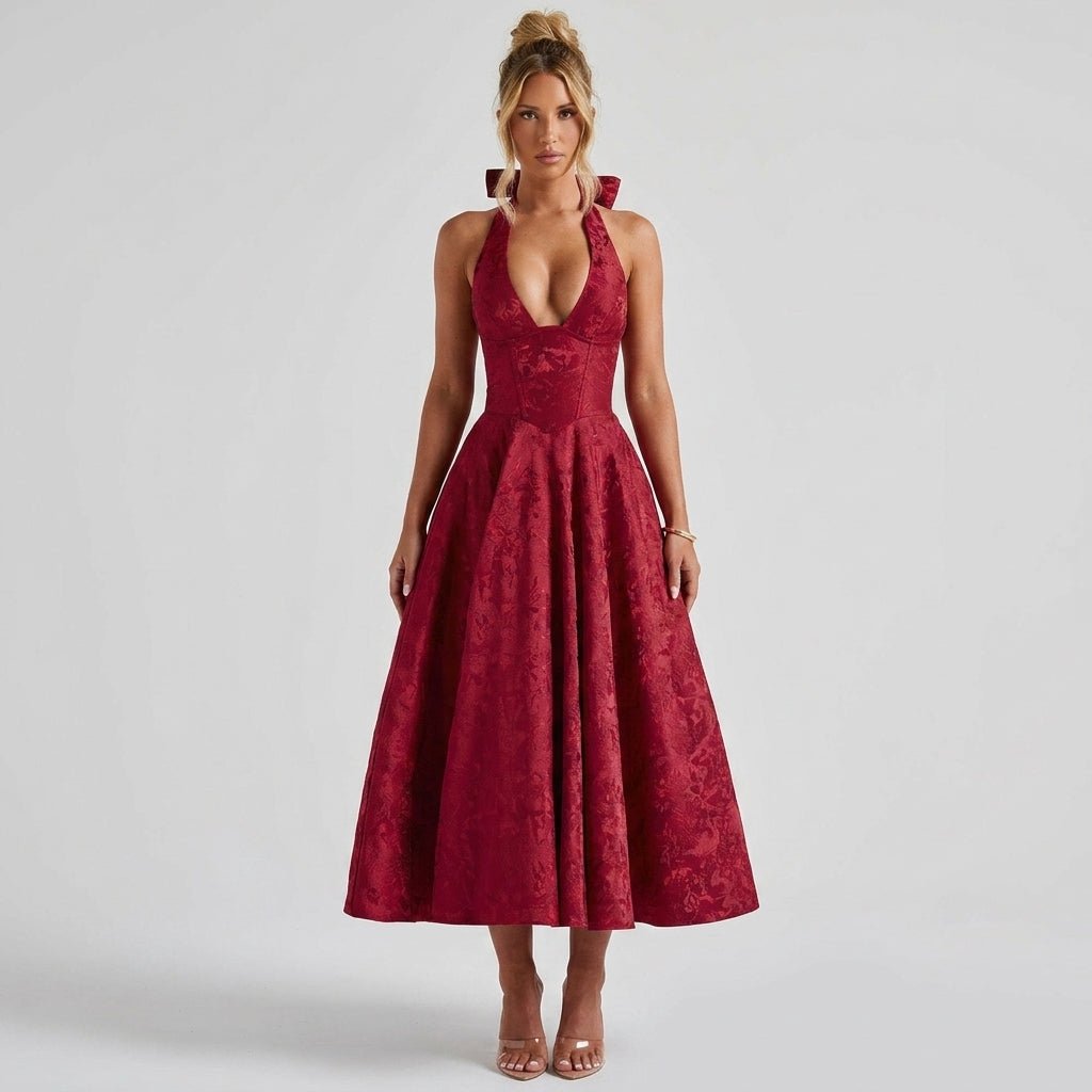 Women's Halter Neck Bow Deep V-Back Full A-Line Midi Dress Cocktail Formal