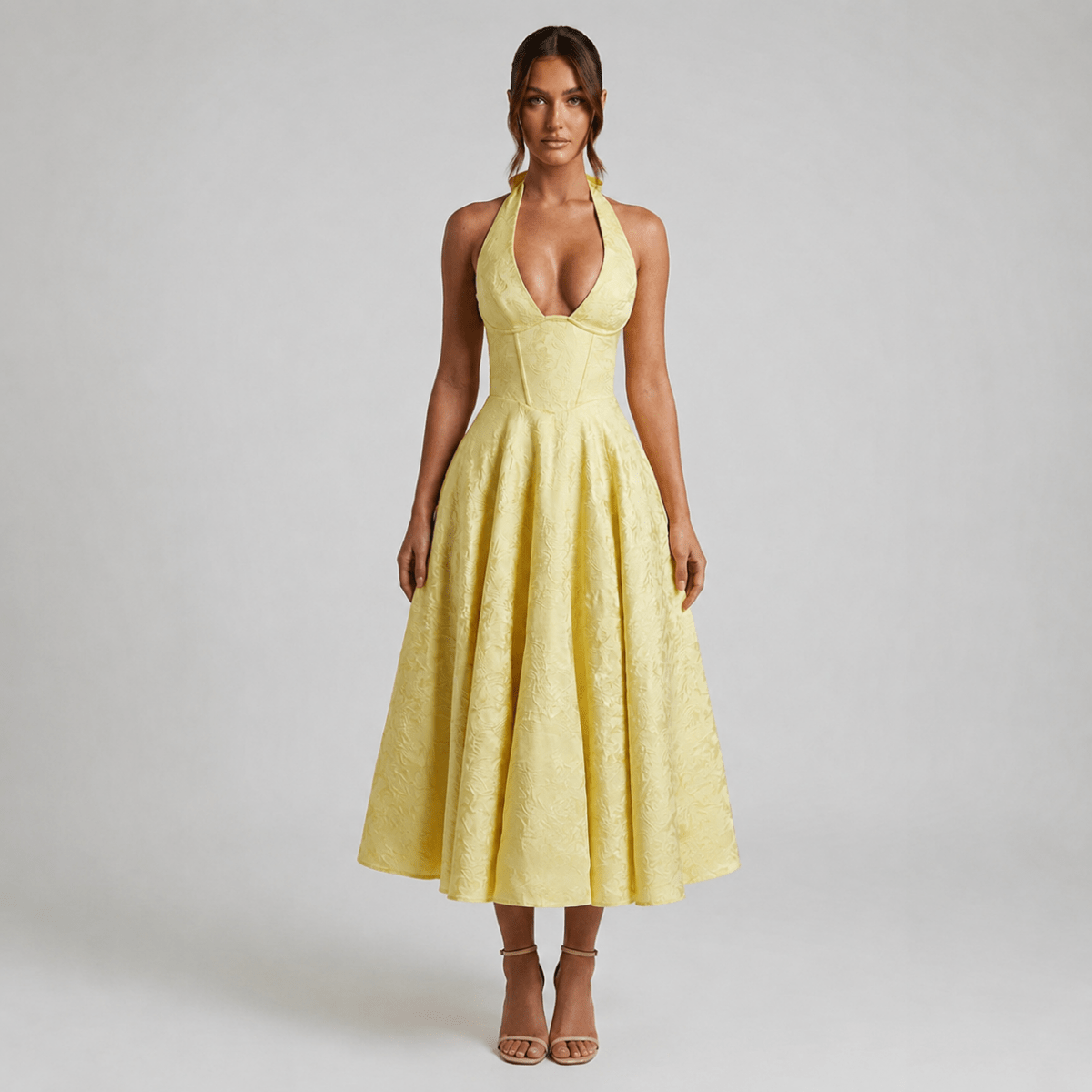 Women's Halter Neck Bow Deep V-Back Full A-Line Midi Dress Cocktail Formal
