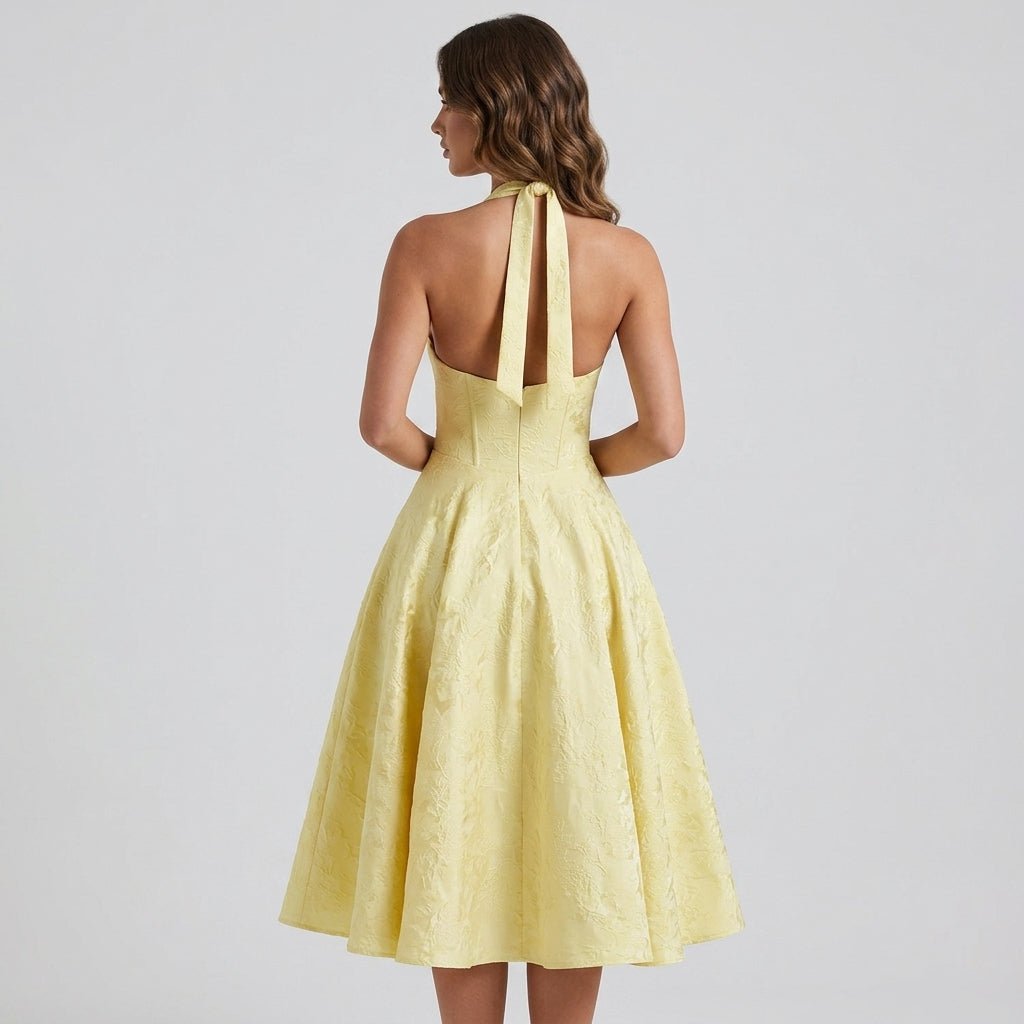 Women's Halter Neck Bow Deep V-Back Full A-Line Midi Dress Cocktail Formal