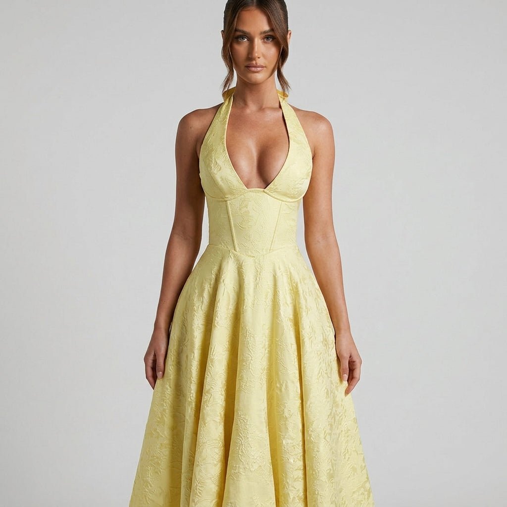 Women's Halter Neck Bow Deep V-Back Full A-Line Midi Dress Cocktail Formal