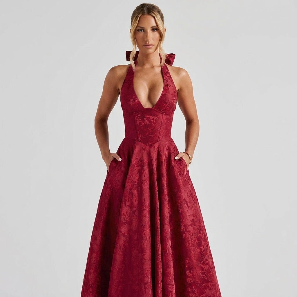 Women's Halter Neck Bow Deep V-Back Full A-Line Midi Dress Cocktail Formal