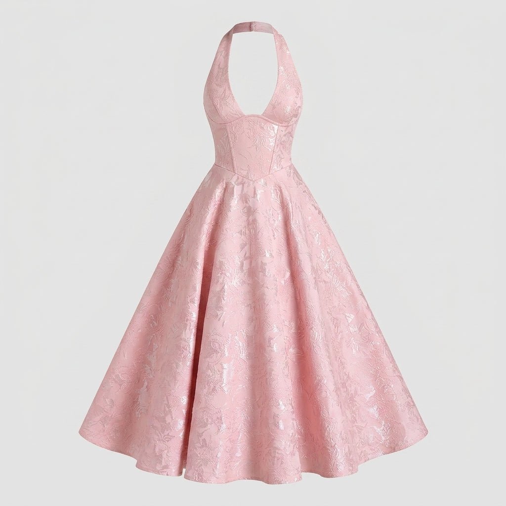 Women's Halter Neck Bow Deep V-Back Full A-Line Midi Dress Cocktail Formal