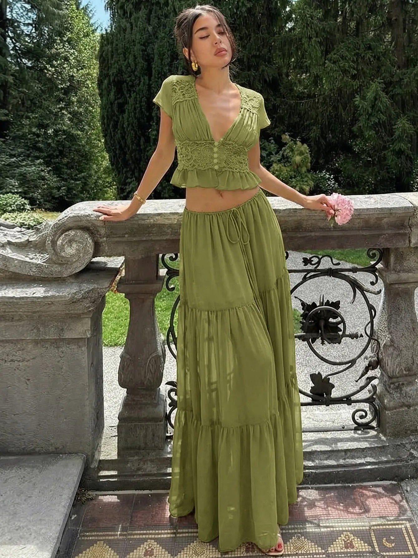 Women's Olive Lace Crop Top and Maxi Skirt Set | Elegant 2-Piece Outfit