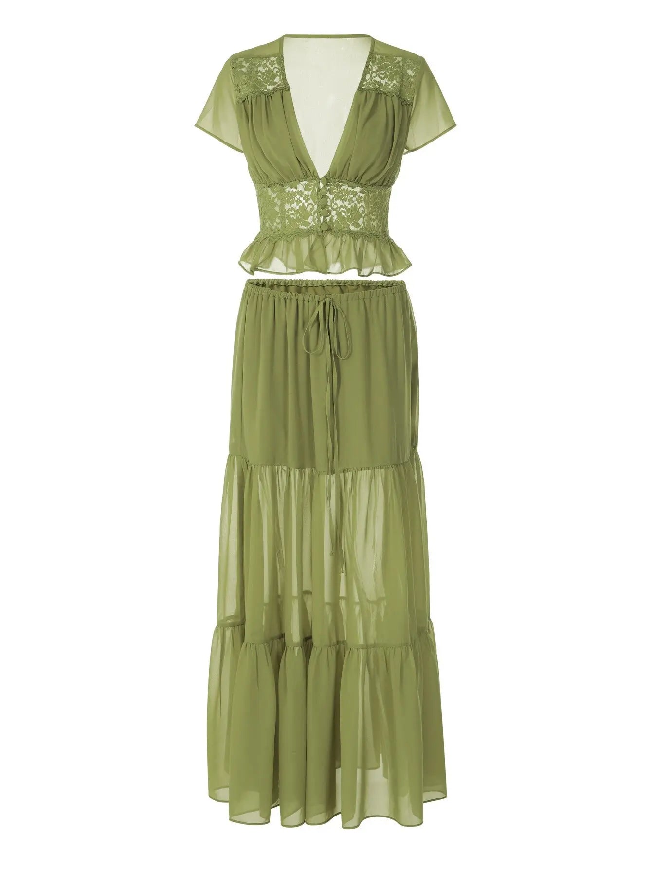 Women's Olive Lace Crop Top and Maxi Skirt Set | Elegant 2-Piece Outfit