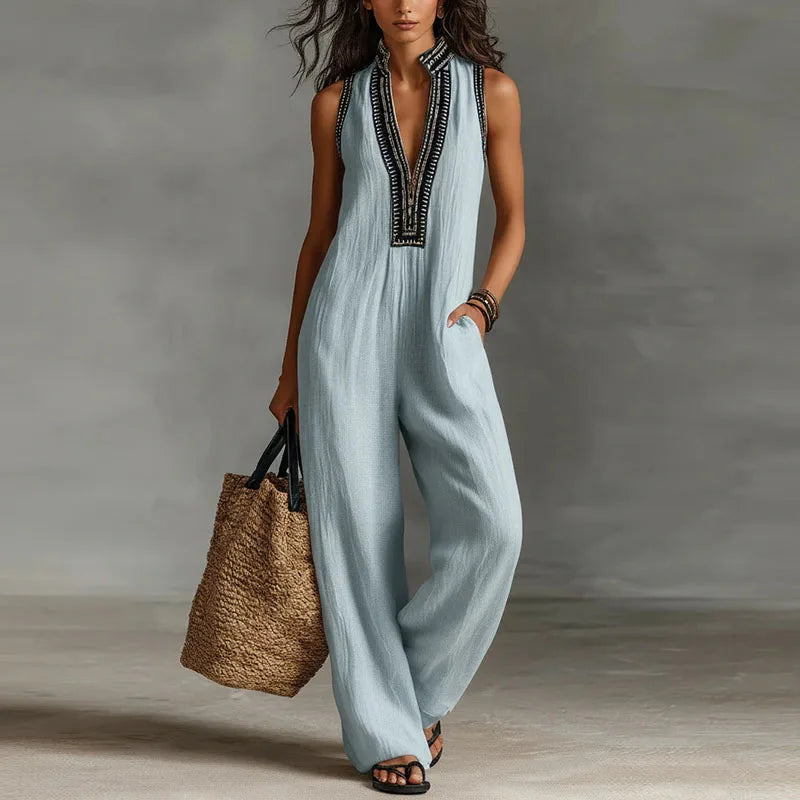 women's lace trim fitted jumpsuit - front view