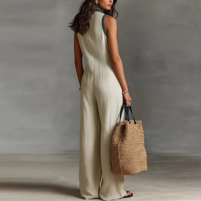 women's lace trim fitted jumpsuit - worn view