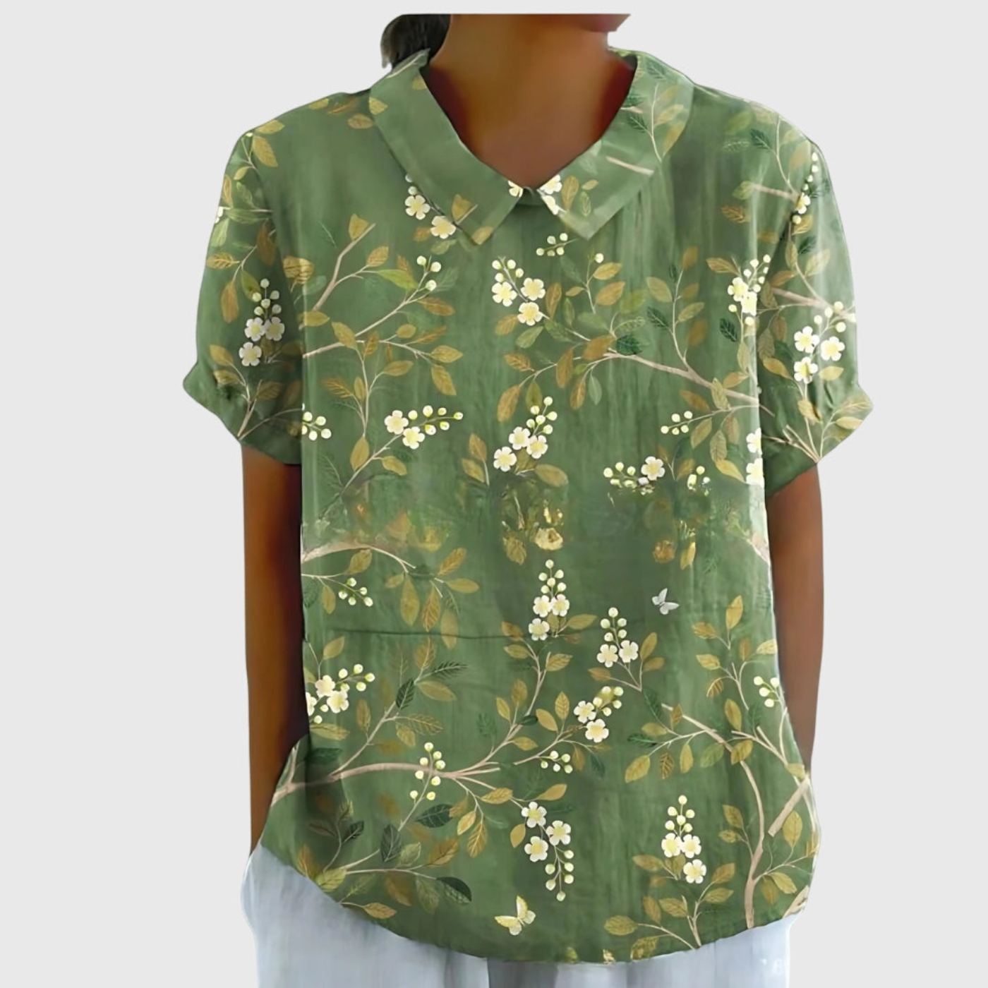 Women's Linen Floral Print Short Sleeve Collared Blouse | Casual Summer Top