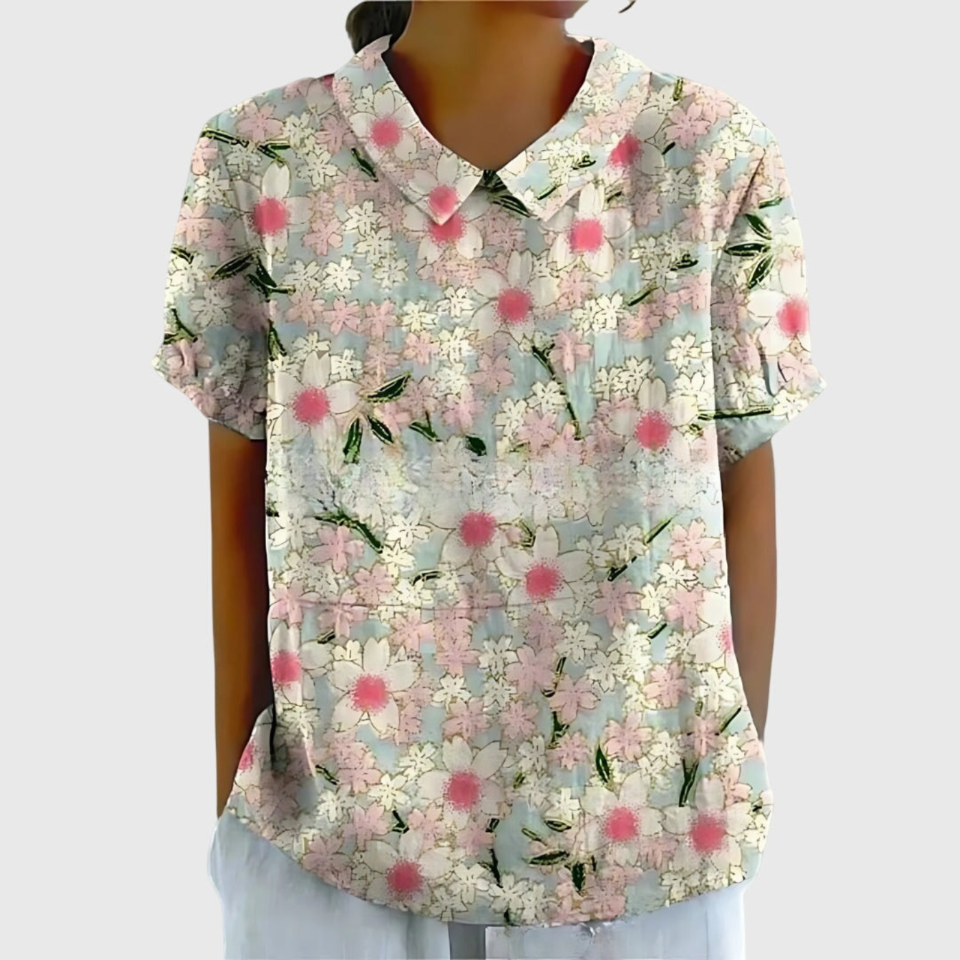 Women's Linen Floral Print Short Sleeve Collared Blouse | Casual Summer Top
