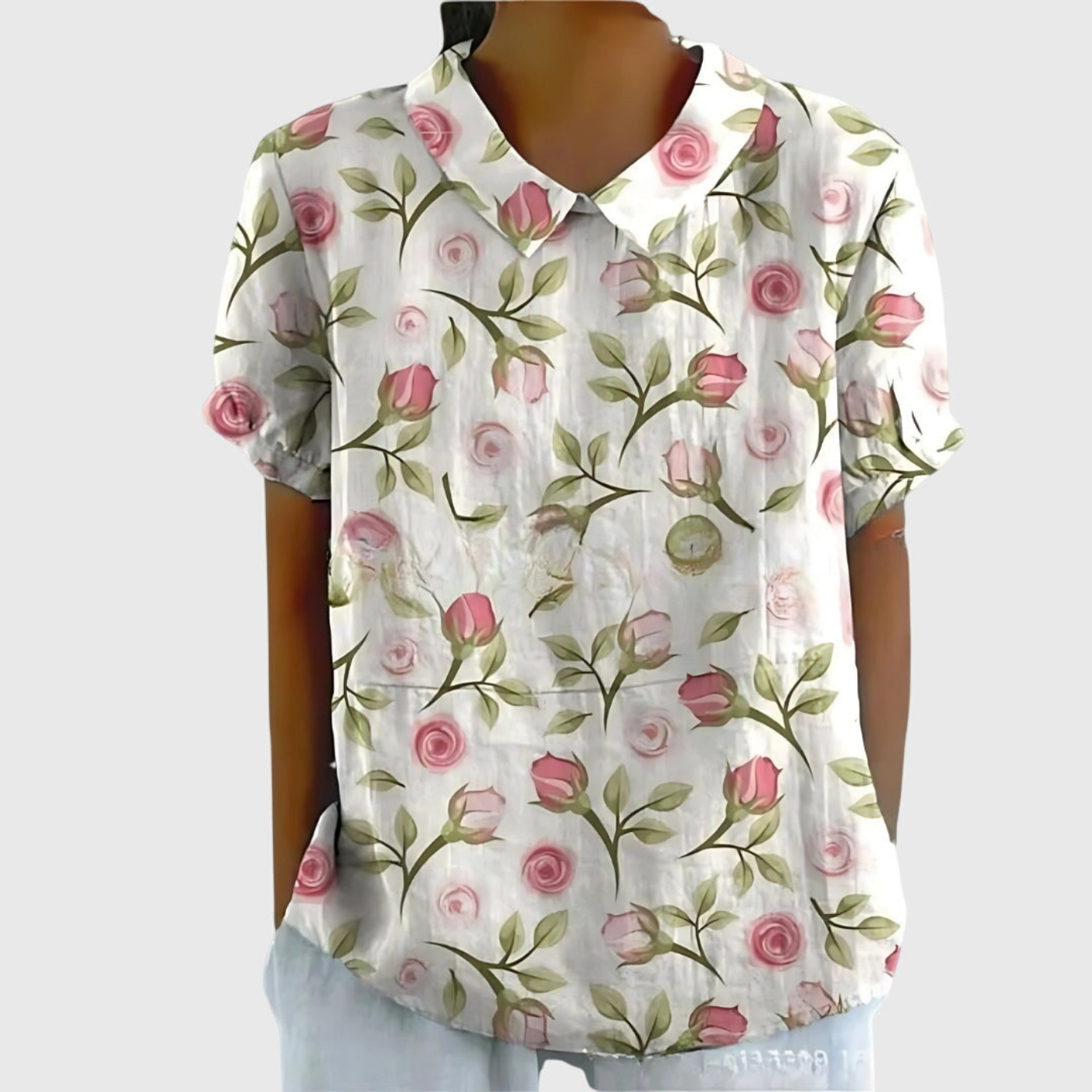 Women's Linen Floral Print Short Sleeve Collared Blouse | Casual Summer Top