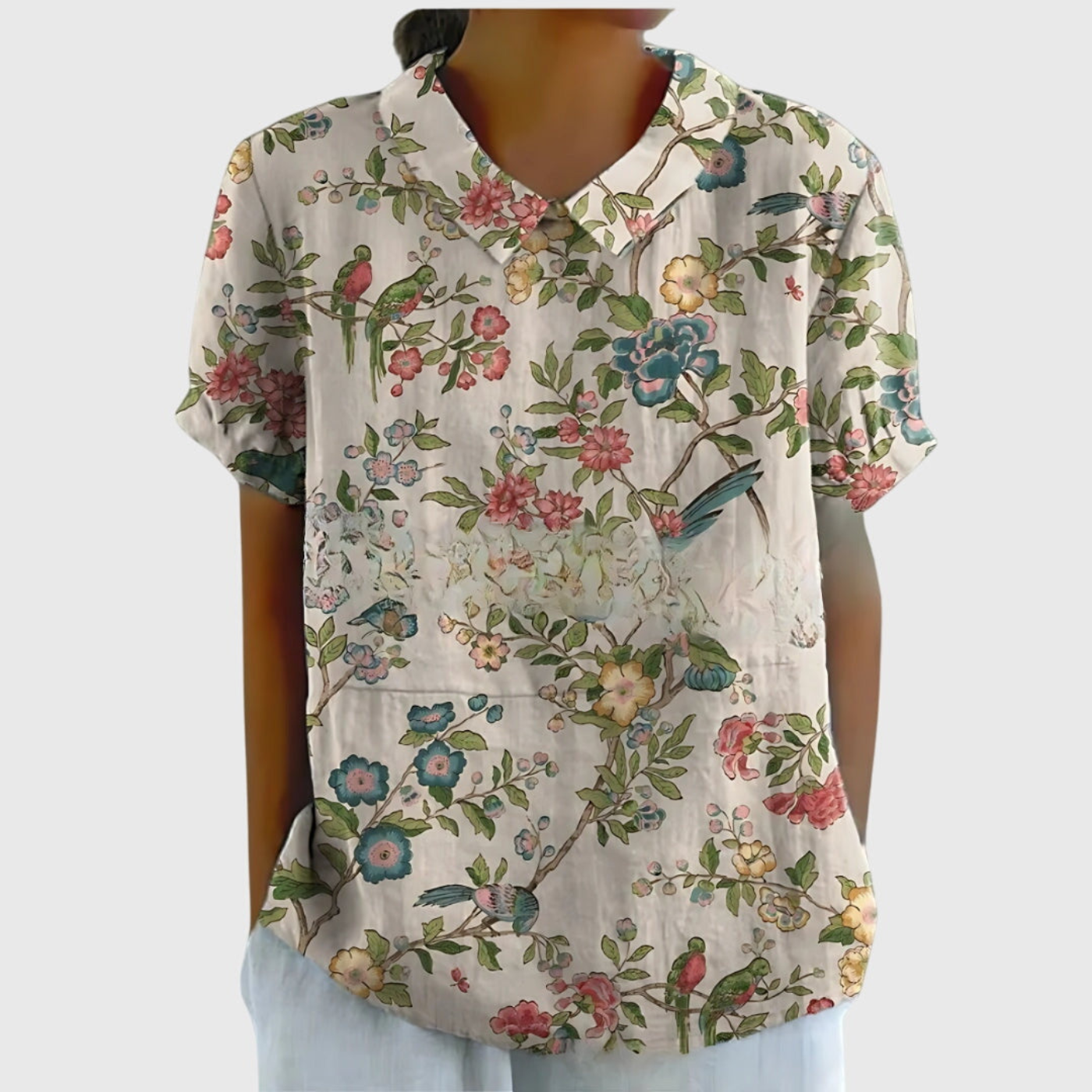 Women's Linen Floral Print Short Sleeve Collared Blouse | Casual Summer Top