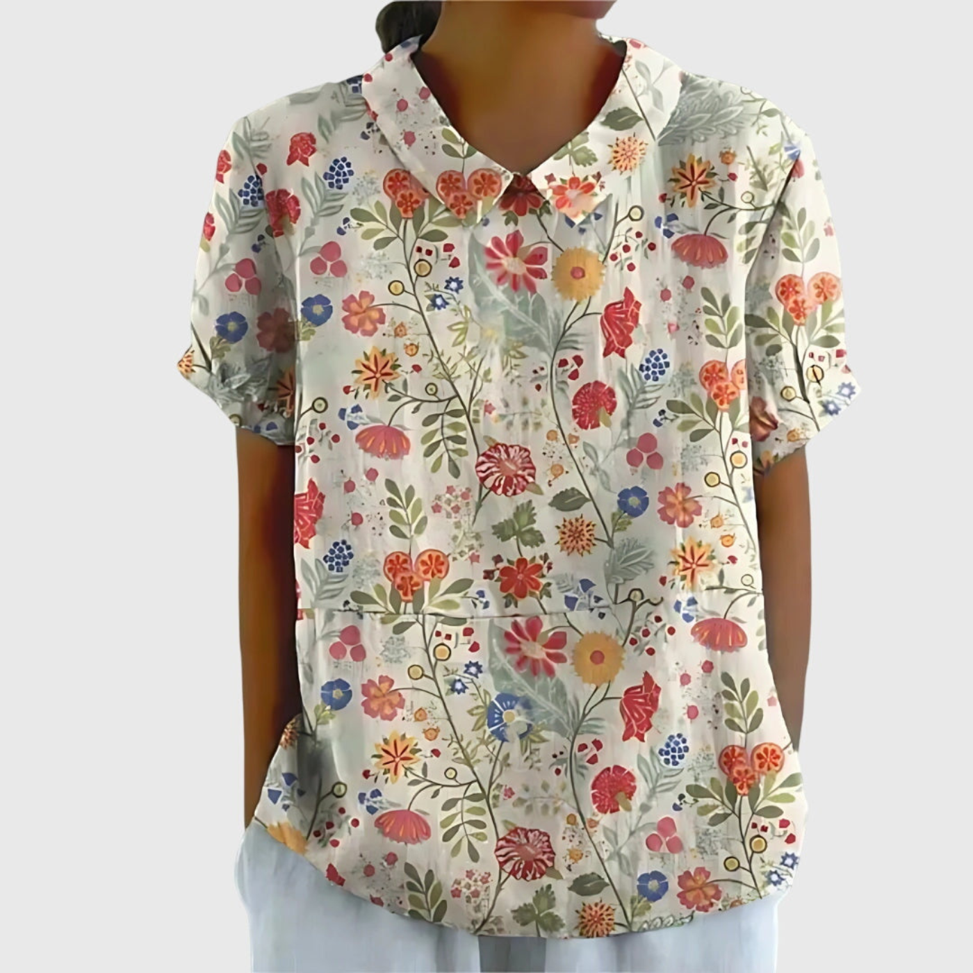 Women's Linen Floral Print Short Sleeve Collared Blouse | Casual Summer Top