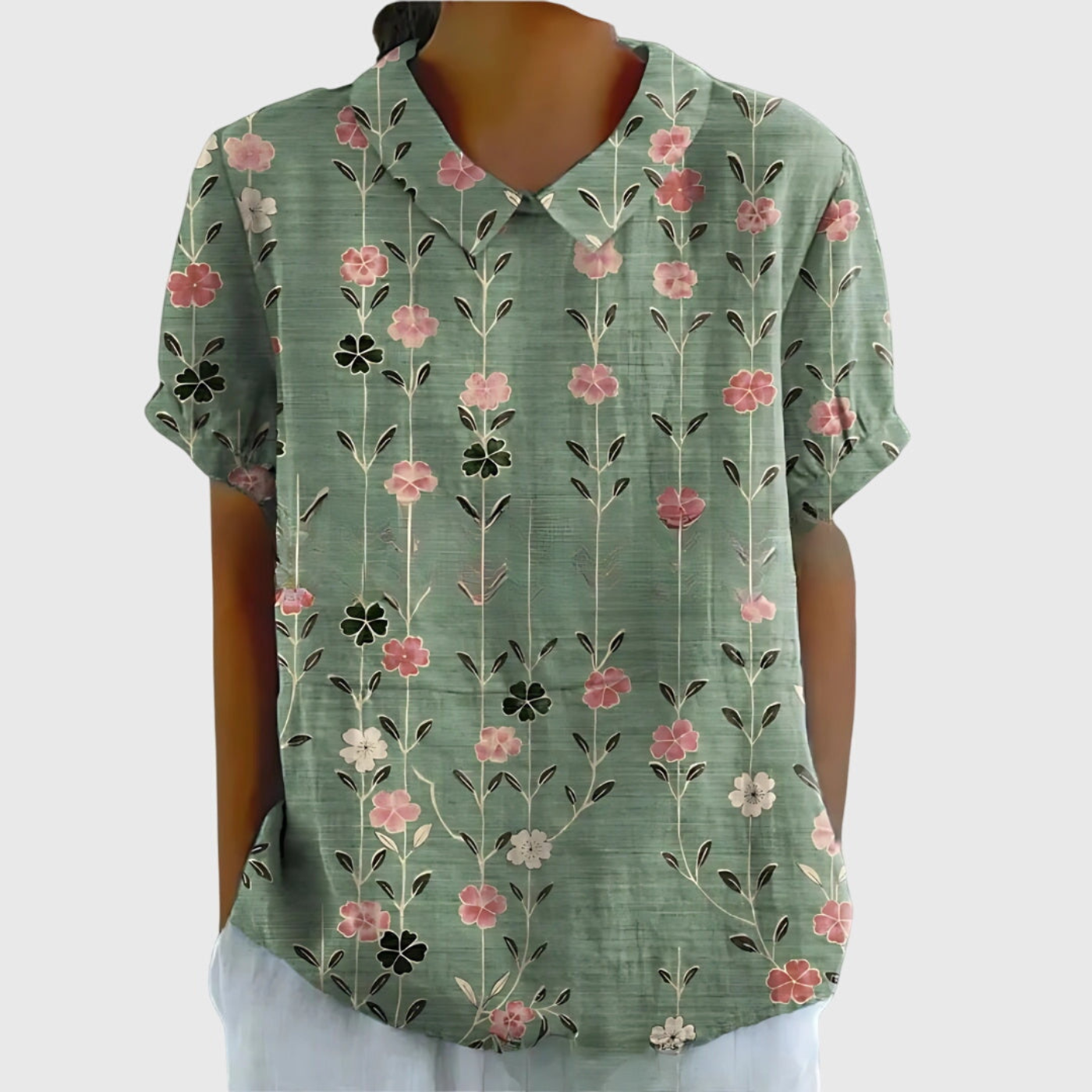 Women's Linen Floral Print Short Sleeve Collared Blouse | Casual Summer Top