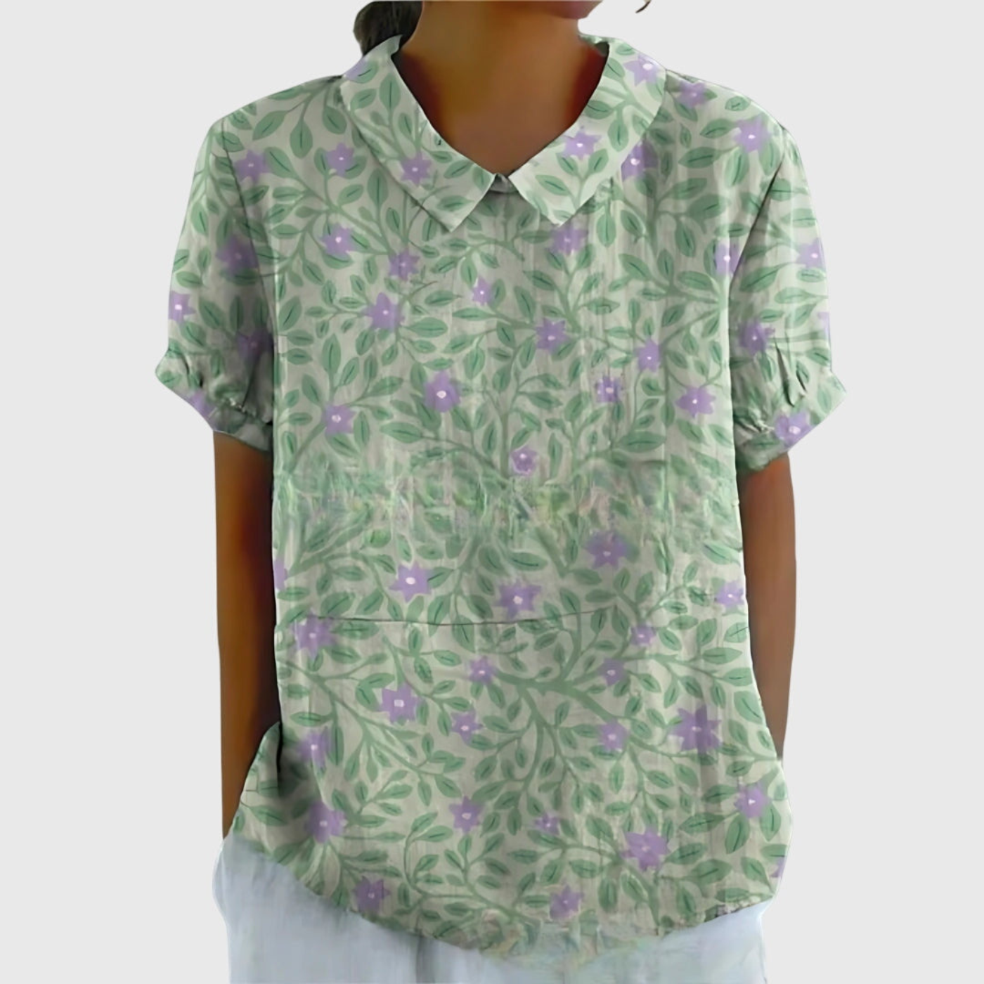 Women's Linen Floral Print Short Sleeve Collared Blouse | Casual Summer Top