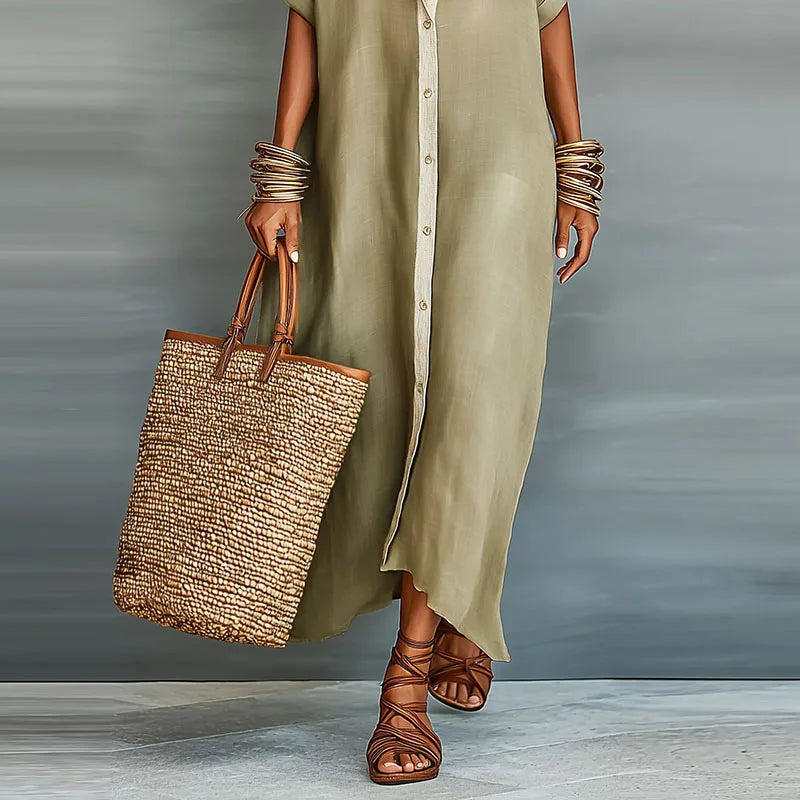 women's linen long shirt sundress - detail view