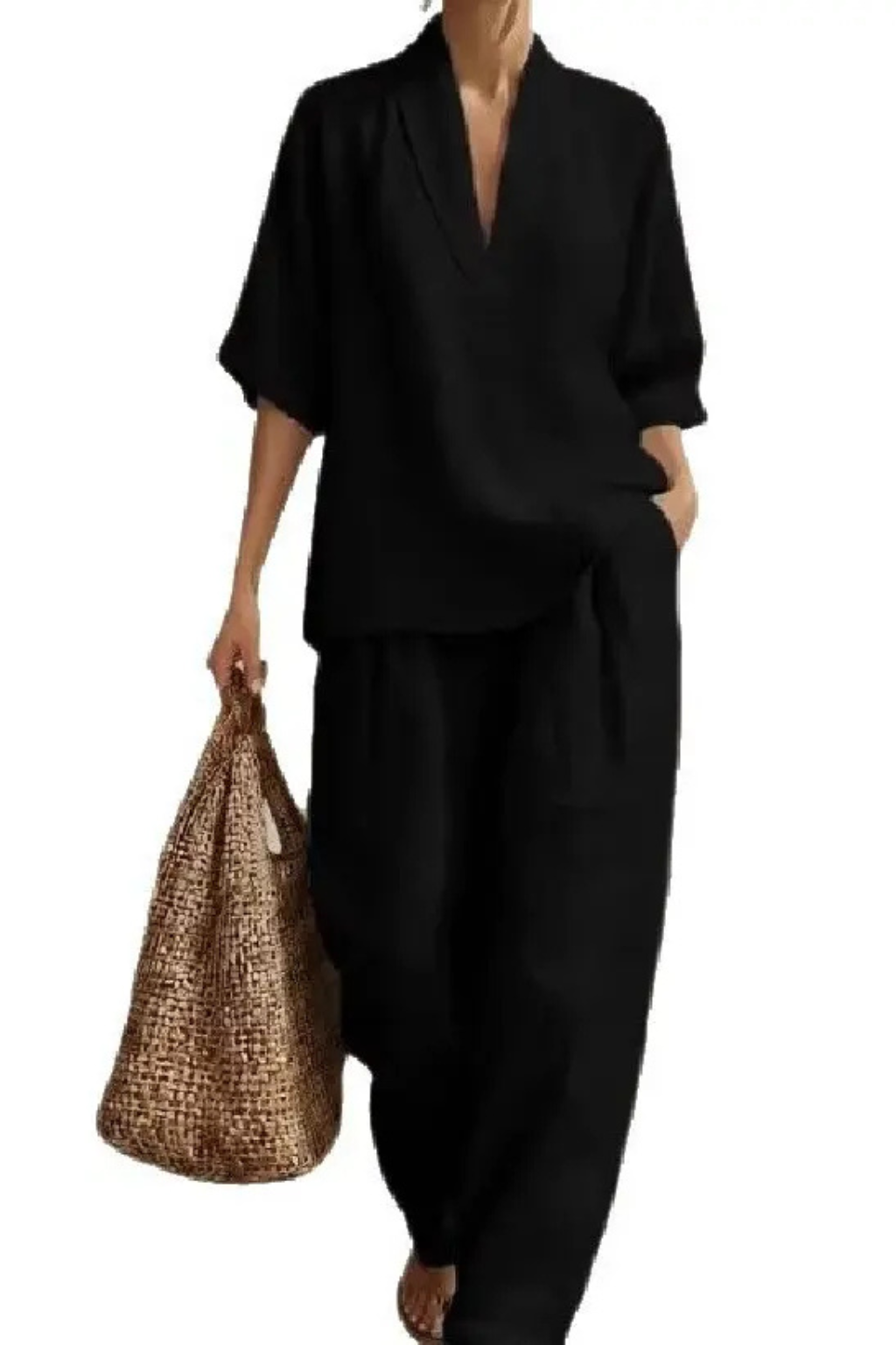 Women's Linen V-Neck Top and Wide-Leg Trousers Set | Casual Co-Ord Two-Piece