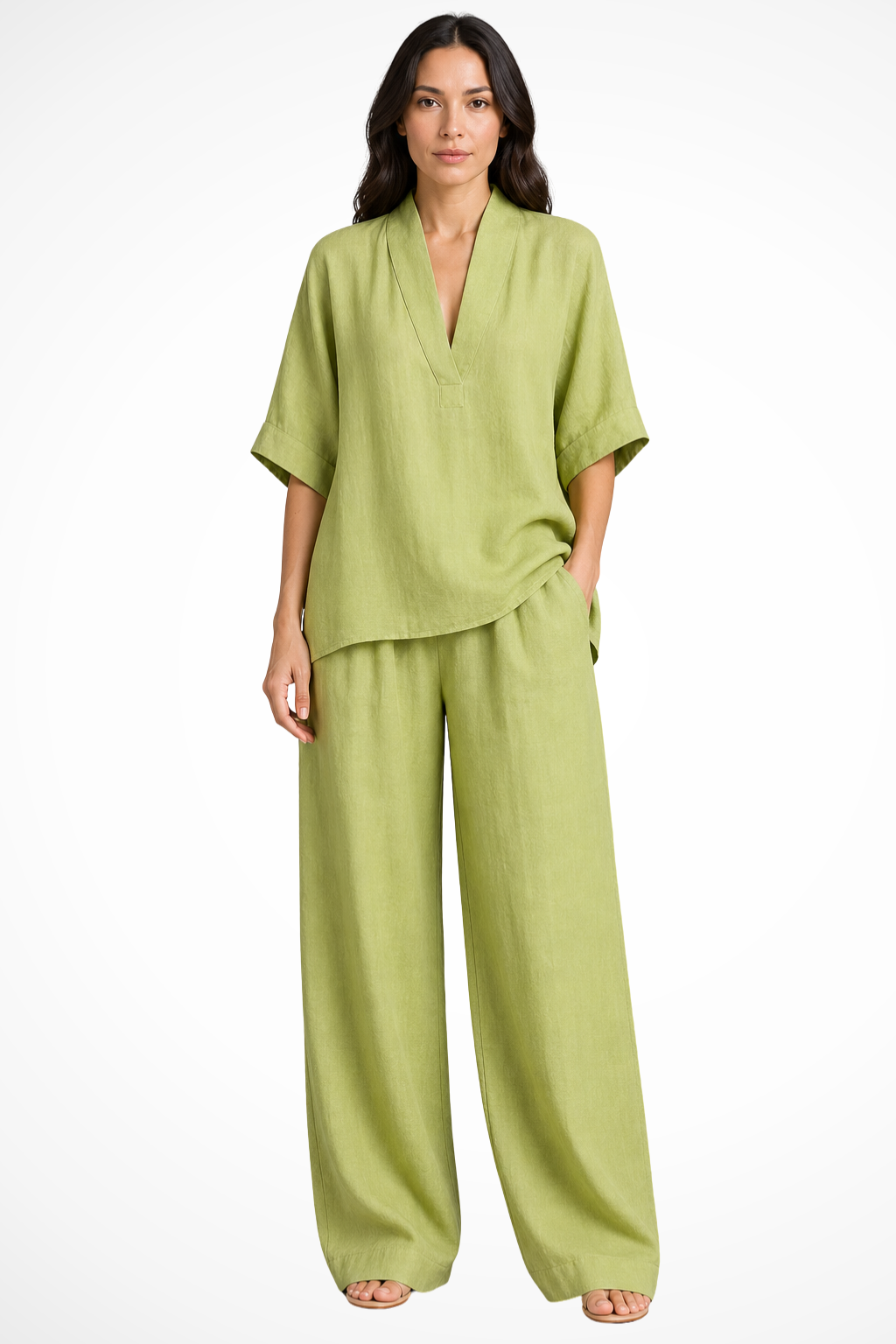 Women's Linen V-Neck Top and Wide-Leg Trousers Set | Casual Co-Ord Two-Piece