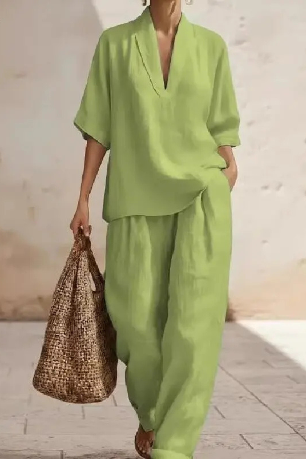 Women's Linen V-Neck Top and Wide-Leg Trousers Set | Casual Co-Ord Two-Piece